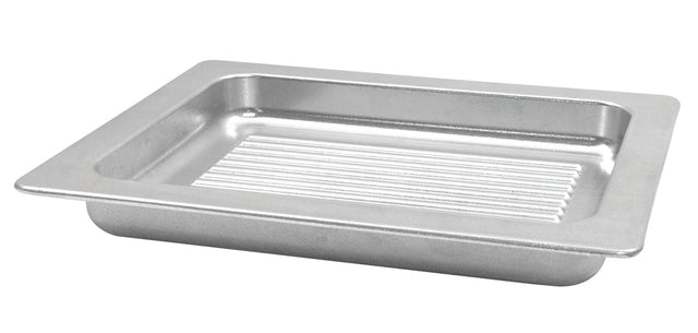 A rectangular, silver-colored Aurora Collection Grill Pan with a flat rim and ridged base, shown at an angle on a white background. This cast aluminum grill pan is dishwasher safe, and the raised ridges help elevate food for even cooking.