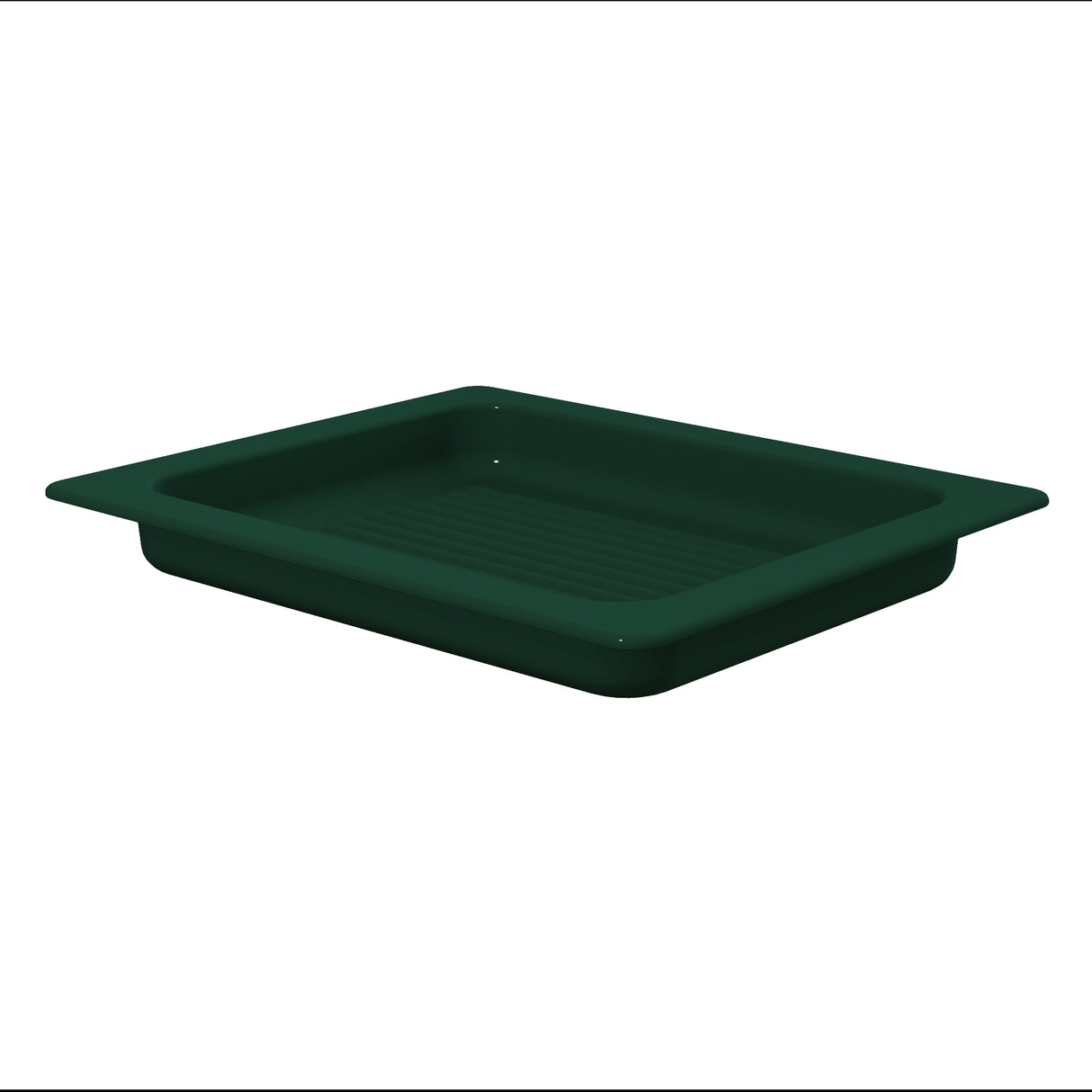 A dark green, rectangular plastic tray with raised horizontal ridges on the base, reminiscent of a grill pan, and flat, slightly flared edges. The tray is photographed against a plain white background and shown at a slight angle, highlighting its depth.