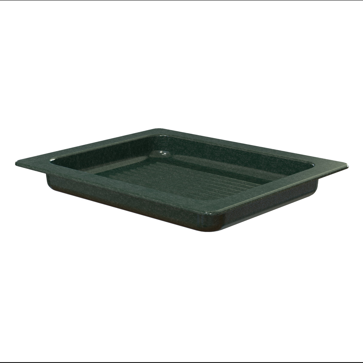 A rectangular, dark green Aurora Collection Grill Pan with rounded corners and wide flanges on each side. The pan features a shallow depth, smooth glossy surface, and is crafted from Duracoat coated cast aluminum.
