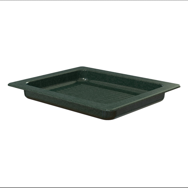 A rectangular, dark green Aurora Collection Grill Pan with rounded corners and wide flanges on each side. The pan features a shallow depth, smooth glossy surface, and is crafted from Duracoat coated cast aluminum.