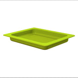 A rectangular, shallow, lime-green plastic tray with a wide rim and ribbed bottom, reminiscent of a grill pan, is photographed on a white background. The tray has slightly rounded corners and is empty.