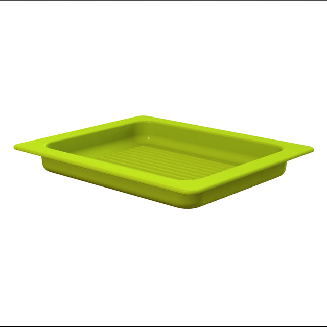 A rectangular, shallow, lime-green plastic tray with a wide rim and ribbed bottom, reminiscent of a grill pan, is photographed on a white background. The tray has slightly rounded corners and is empty.