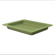 A rectangular, light green grill pan made from cast aluminum with slightly rounded edges and a flat, ribbed bottom sits on a white background. The tray has a wide rim around the top and is dishwasher safe for easy cleaning.