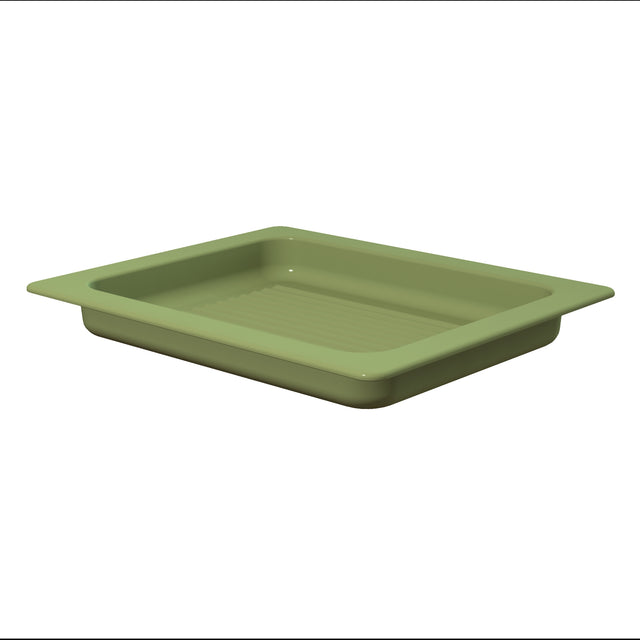 A rectangular, light green grill pan made from cast aluminum with slightly rounded edges and a flat, ribbed bottom sits on a white background. The tray has a wide rim around the top and is dishwasher safe for easy cleaning.