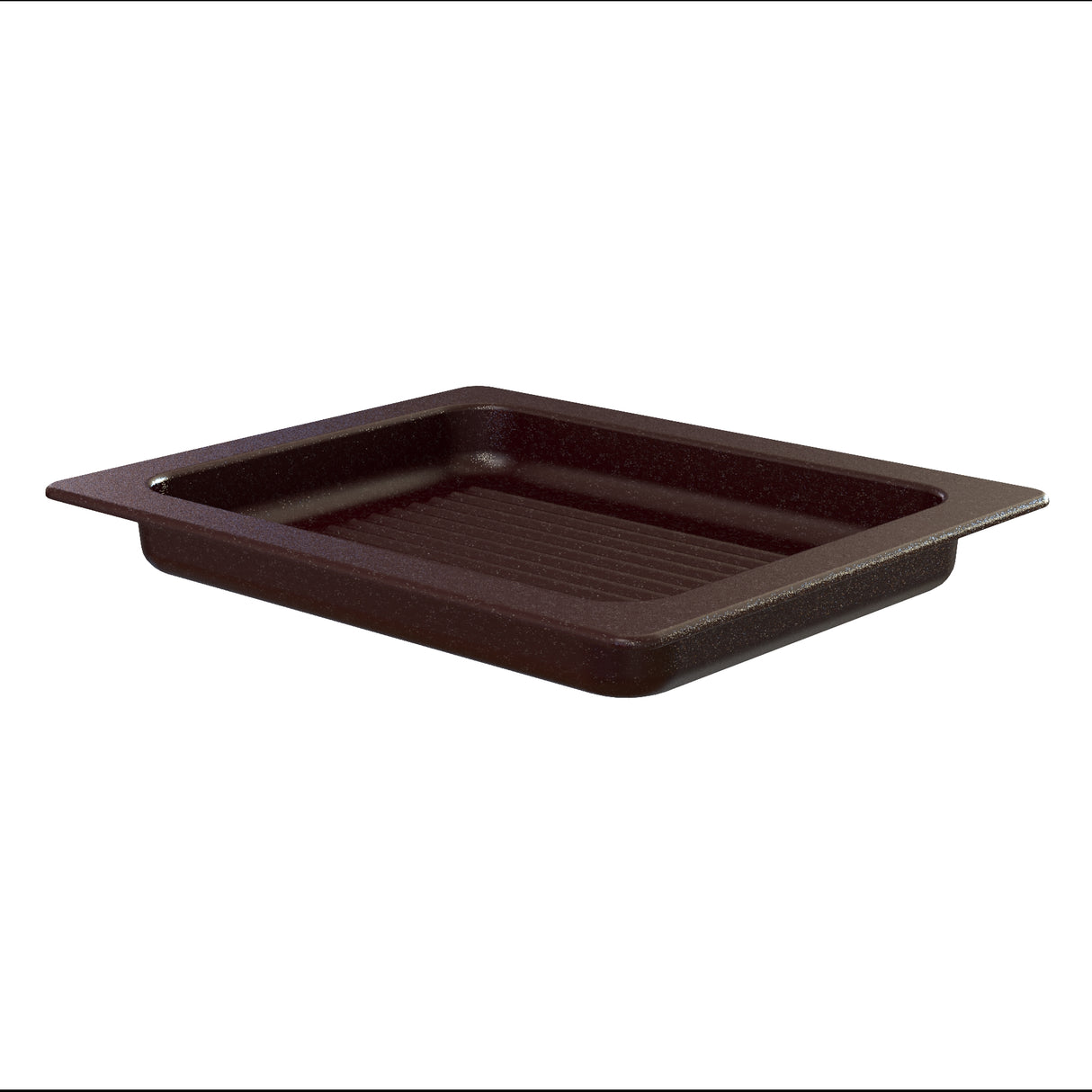 A rectangular, dark brown Aurora Collection Grill Pan with Duracoat coated cast aluminum and slightly sloped sides features a ridge-lined bottom. Wide, flat edges offer easy handling. Shown against a plain white background.