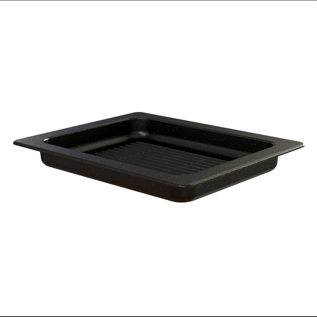 A rectangular, black Aurora Collection Grill Pan with slightly sloped sides and a raised grid pattern on the bottom, this cast aluminum grill pan is shown on a plain white background.