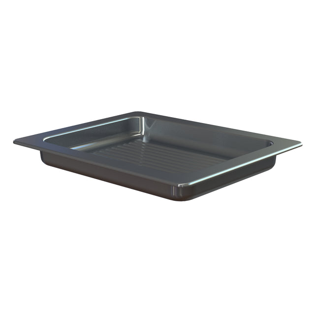 A rectangular, metallic cast aluminum grill pan with a ridged bottom and slightly sloped sides. The pan has two wide, flat handles extending from each short end. Its shiny surface reflects light against a plain white background.