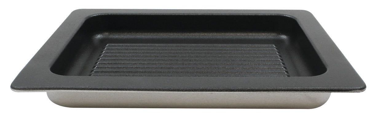 A rectangular, black, non-stick cast aluminum grill pan with a ridged bottom and wide, flat edges, shown against a white background. The raised ridges collect juices below, making it ideal for grilling or roasting meats.