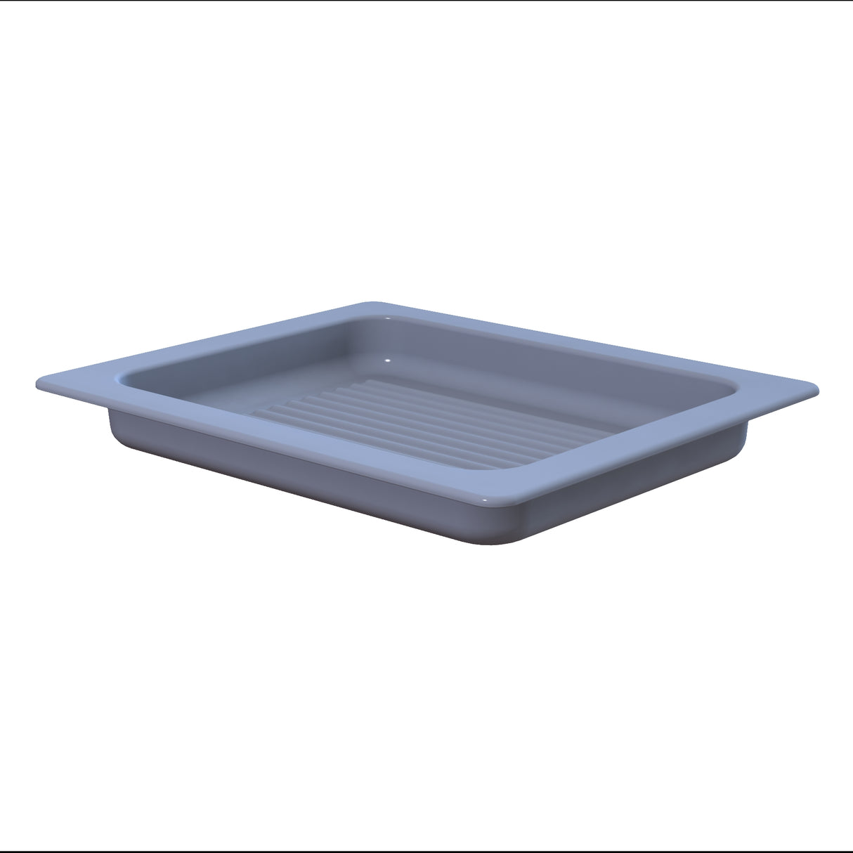 A rectangular, light-gray plastic tray with a wide flat rim and shallow sides. The interior base has raised ridges like a grill pan. Dishwasher safe for easy cleaning, it sits empty against a plain white background.