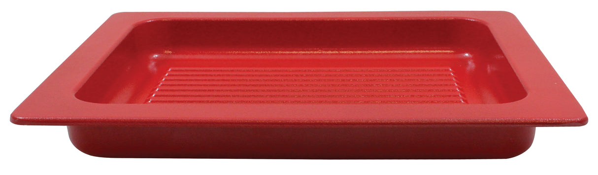 A rectangular, red plastic tray from the Aurora Collection Grill Pan line with rounded corners and raised ridges across the bottom. Its wide, flat rim and smooth NSF-approved finish are highlighted from an angled view.