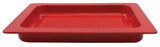 A rectangular, red plastic tray from the Aurora Collection Grill Pan line with rounded corners and raised ridges across the bottom. Its wide, flat rim and smooth NSF-approved finish are highlighted from an angled view.