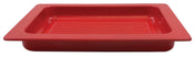A rectangular, red plastic tray from the Aurora Collection Grill Pan line with rounded corners and raised ridges across the bottom. Its wide, flat rim and smooth NSF-approved finish are highlighted from an angled view.