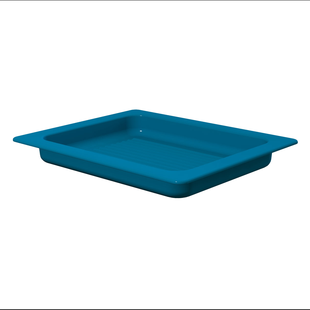 A rectangular, shallow blue plastic tray with raised edges and a ribbed bottom, placed on a white background. The tray has a glossy finish, wide flanges along the rim, and is conveniently dishwasher safe.
