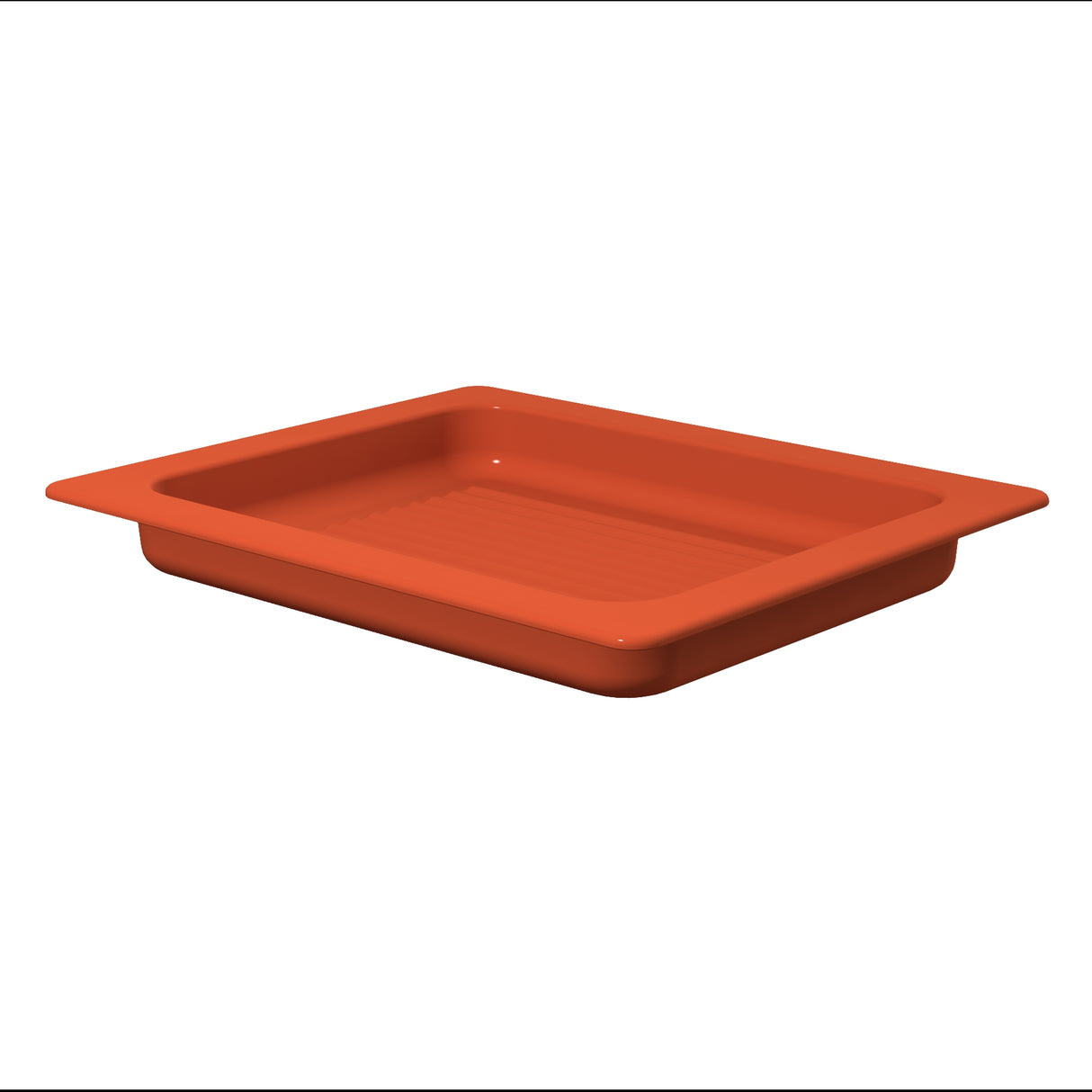A rectangular, shallow, orange plastic tray with rounded corners and raised edges. The ribbed bottom mimics the look of a cast aluminum grill pan. Dishwasher safe, it sits on a white background with no visible markings or designs.