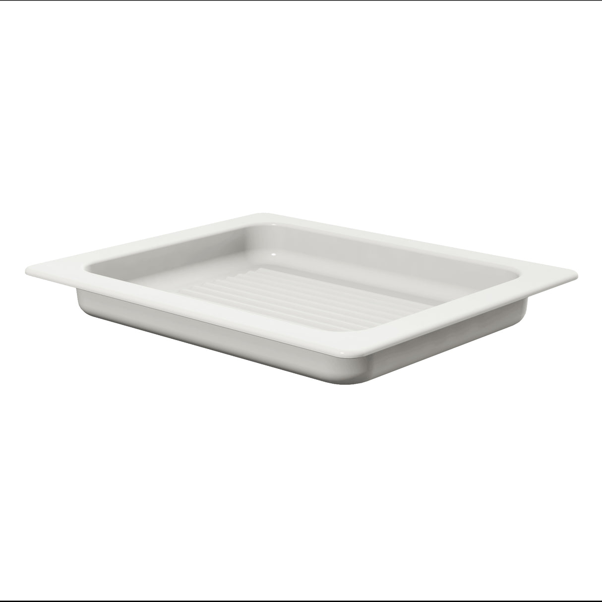 Rectangular, shallow white tray with a slightly raised rim and ribbed bottom surface, placed on a white background. Made of durable cast aluminum, this empty tray is dishwasher safe for easy cleaning.