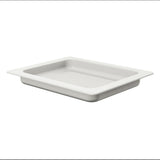 Rectangular, shallow white tray with a slightly raised rim and ribbed bottom surface, placed on a white background. Made of durable cast aluminum, this empty tray is dishwasher safe for easy cleaning.