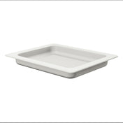 Rectangular, shallow white tray with a slightly raised rim and ribbed bottom surface, placed on a white background. Made of durable cast aluminum, this empty tray is dishwasher safe for easy cleaning.
