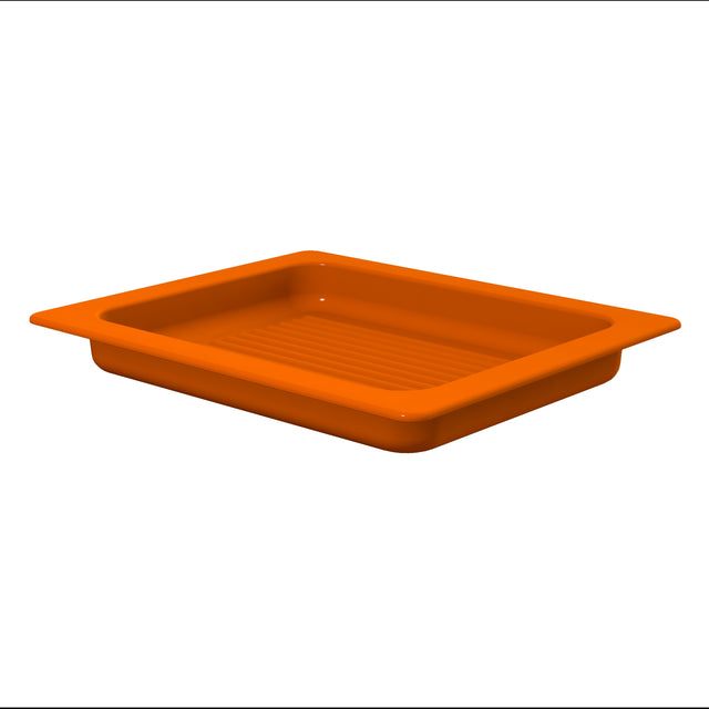 A rectangular orange plastic tray with raised edges and a slightly ridged base, set against a plain white background. Sturdy and functional, it pairs well with your favorite dishwasher safe grill pan for effortless serving or organizing.