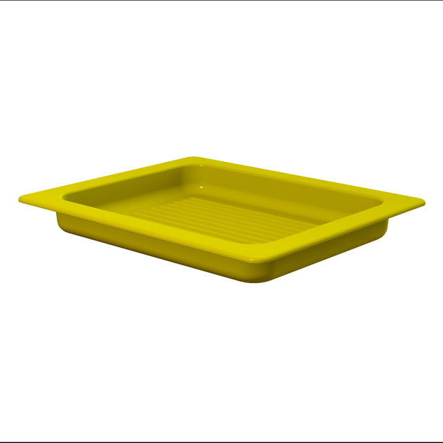 A rectangular, shallow, yellow cast aluminum tray with wide edges and a ridged base. The glossy finish resembles a grill pan, and the tray is dishwasher safe. Set against a plain white background.