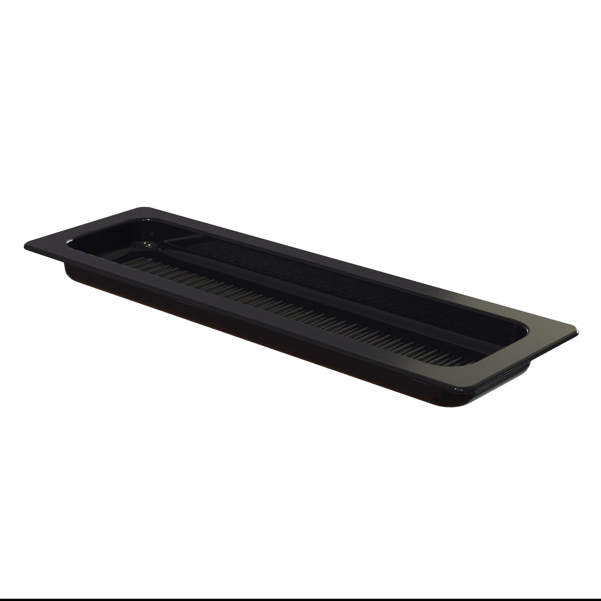 A rectangular, black cast aluminum tray with a shallow depth and grid-like pattern on the bottom, viewed from a slight angle. The tray has a wide rim and a small, raised compartment in one corner. The background is completely white.