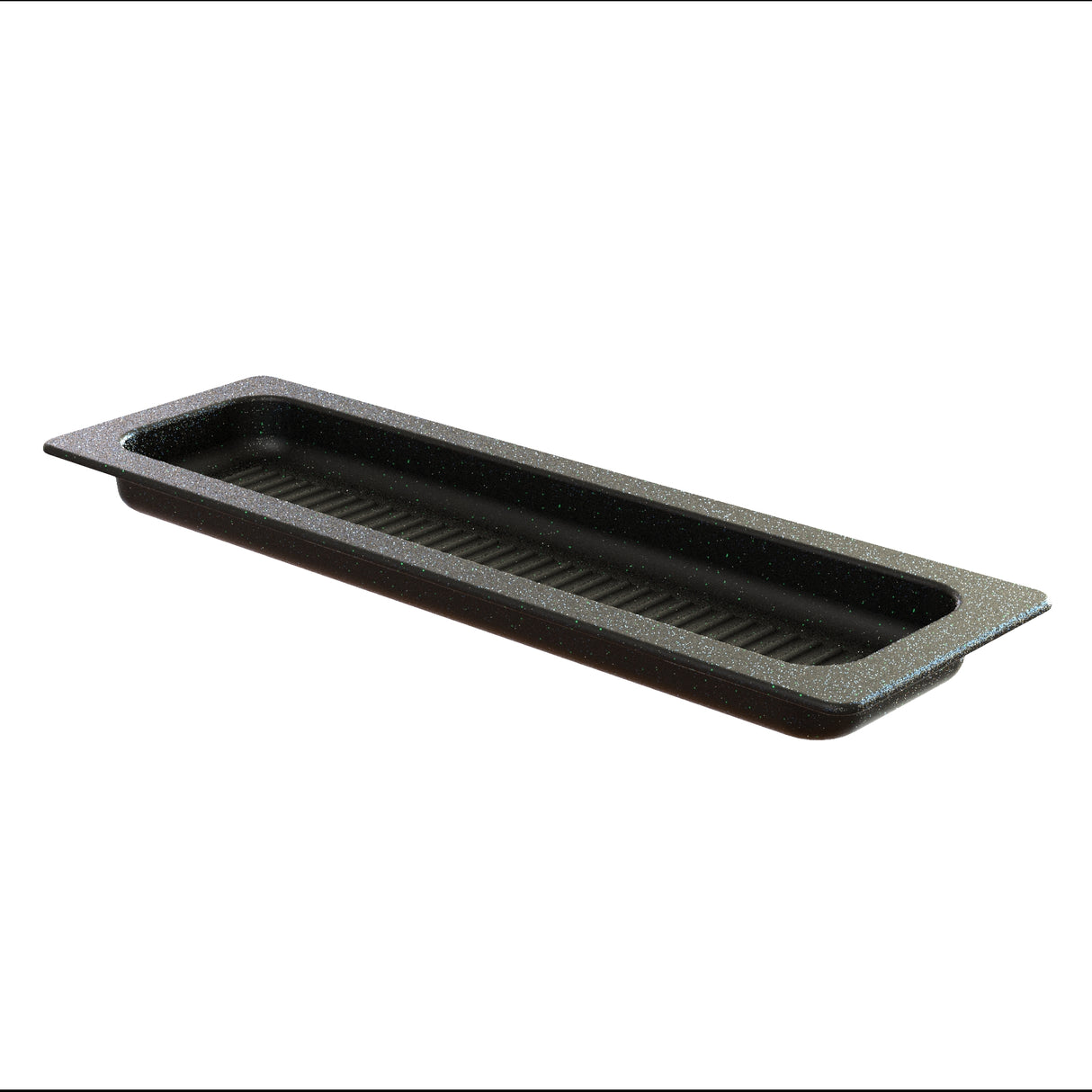 A long, rectangular, black plastic food pan with slightly rounded corners and a narrow, deep basin. The pan is dishwasher safe, featuring a textured surface and a wide, flat rim around the edge with small ridges on the bottom interior surface.