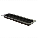 A long, rectangular, black plastic food pan with slightly rounded corners and a narrow, deep basin. The pan is dishwasher safe, featuring a textured surface and a wide, flat rim around the edge with small ridges on the bottom interior surface.