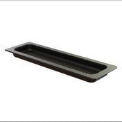A long, rectangular, black plastic food pan with slightly rounded corners and a narrow, deep basin. The pan is dishwasher safe, featuring a textured surface and a wide, flat rim around the edge with small ridges on the bottom interior surface.