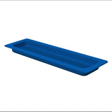 A rectangular, blue plastic tray with a grated bottom surface and slightly raised edges, shown on a white background. Dishwasher safe, the tray’s inner surface features vertical slits running lengthwise down the center.