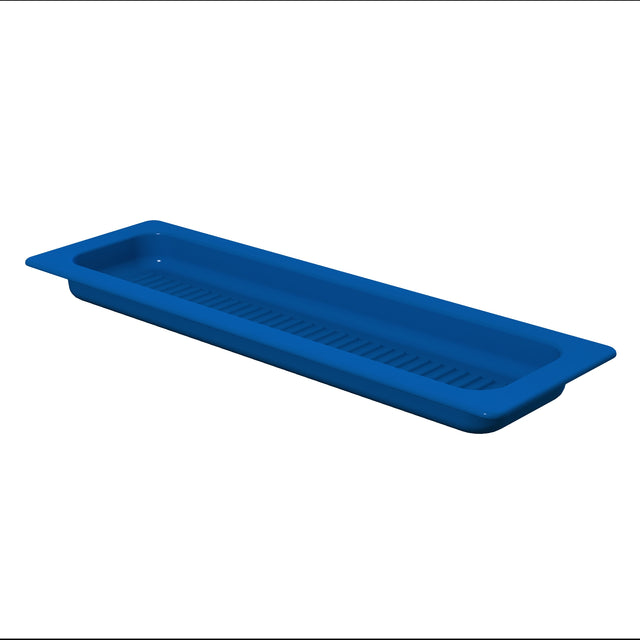 A rectangular, blue plastic tray with a grated bottom surface and slightly raised edges, shown on a white background. Dishwasher safe, the tray’s inner surface features vertical slits running lengthwise down the center.