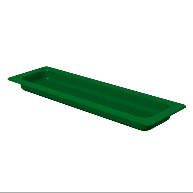 A green rectangular plastic tray with raised edges and a slotted, ribbed base for drainage—resembling a grill pan. The tray is viewed at a slight angle from above, showing depth and dimension against a plain white background.