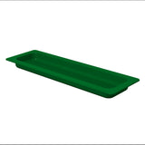 A rectangular, green plastic tray with slanted sides, a flat rim, and a vented or slotted bottom resembles a cold holding grill pan. Photographed at an angle, it highlights the shallow depth and openings at the base on a white background.