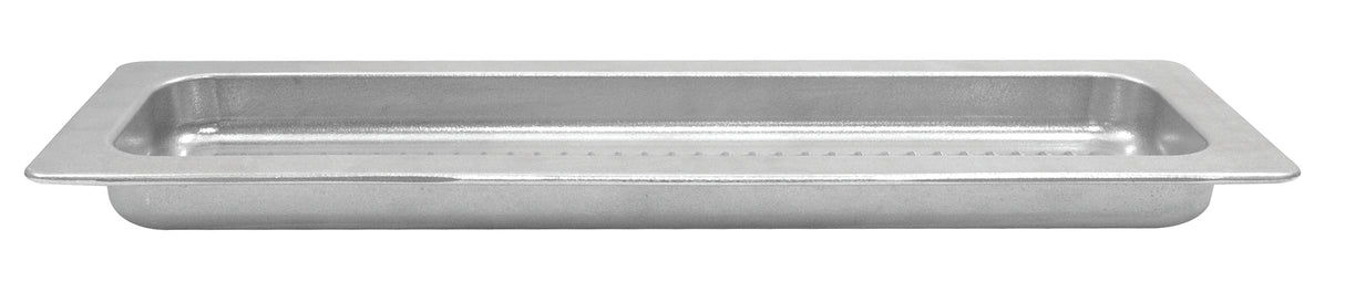 A rectangular, stainless steel food pan with rounded corners and a flat rim, shown empty against a white background. Unlike a cast aluminum grill pan, this pan is ideal for commercial kitchens and buffets for holding and serving food.