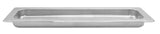 A rectangular, stainless steel food pan with rounded corners and a flat rim, shown empty against a white background. Unlike a cast aluminum grill pan, this pan is ideal for commercial kitchens and buffets for holding and serving food.