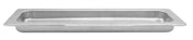 A rectangular, stainless steel food pan with rounded corners and a flat rim, shown empty against a white background. Unlike a cast aluminum grill pan, this pan is ideal for commercial kitchens and buffets for holding and serving food.