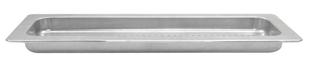 A rectangular, stainless steel food pan with rounded corners and a flat rim, shown empty against a white background. Unlike a cast aluminum grill pan, this pan is ideal for commercial kitchens and buffets for holding and serving food.
