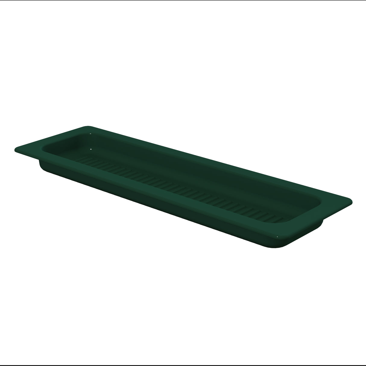 A dark green, rectangular plastic tray with rounded corners and a shallow depth, resembling the base of an Aurora Collection Grill Pan. It features a raised lip and lengthwise ridges for drainage or grip. The background is plain white.