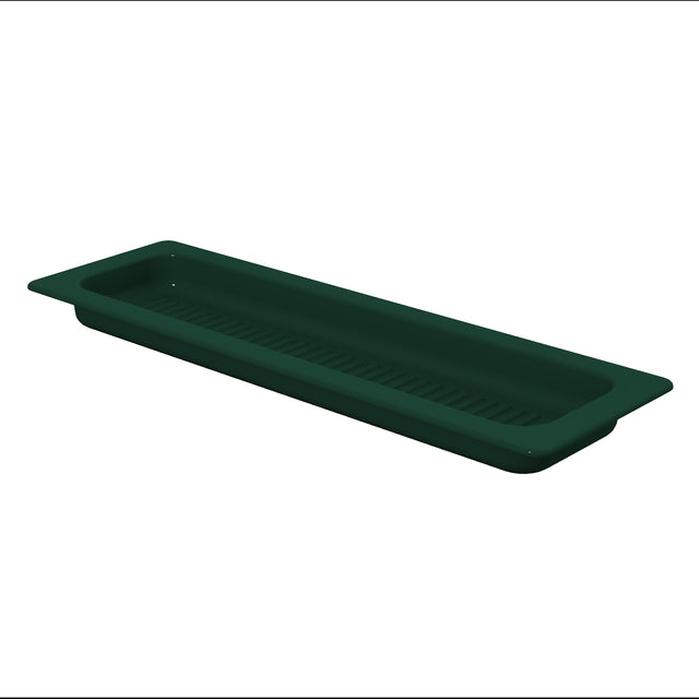 A dark green, rectangular plastic tray with rounded corners and a shallow depth, resembling the base of an Aurora Collection Grill Pan. It features a raised lip and lengthwise ridges for drainage or grip. The background is plain white.