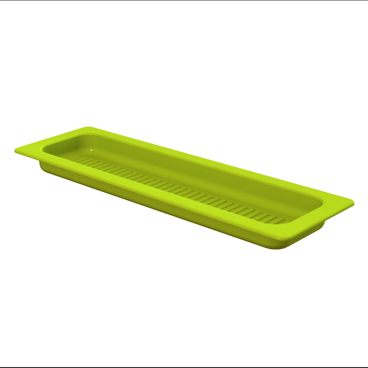 A rectangular, lime green plastic tray with a slightly raised edge and ridges on the base. Dishwasher safe, it is photographed against a white background and appears to be designed for organizing or draining items.