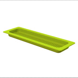 A rectangular, lime green plastic tray with a slightly raised edge and ridges on the base. Dishwasher safe, it is photographed against a white background and appears to be designed for organizing or draining items.