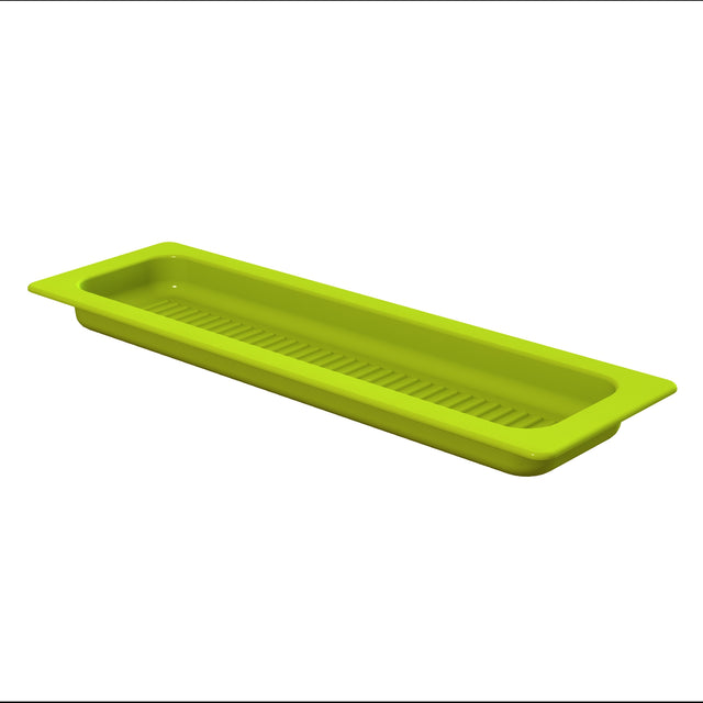 A rectangular, lime green plastic tray with a slightly raised edge and ridges on the base. Dishwasher safe, it is photographed against a white background and appears to be designed for organizing or draining items.