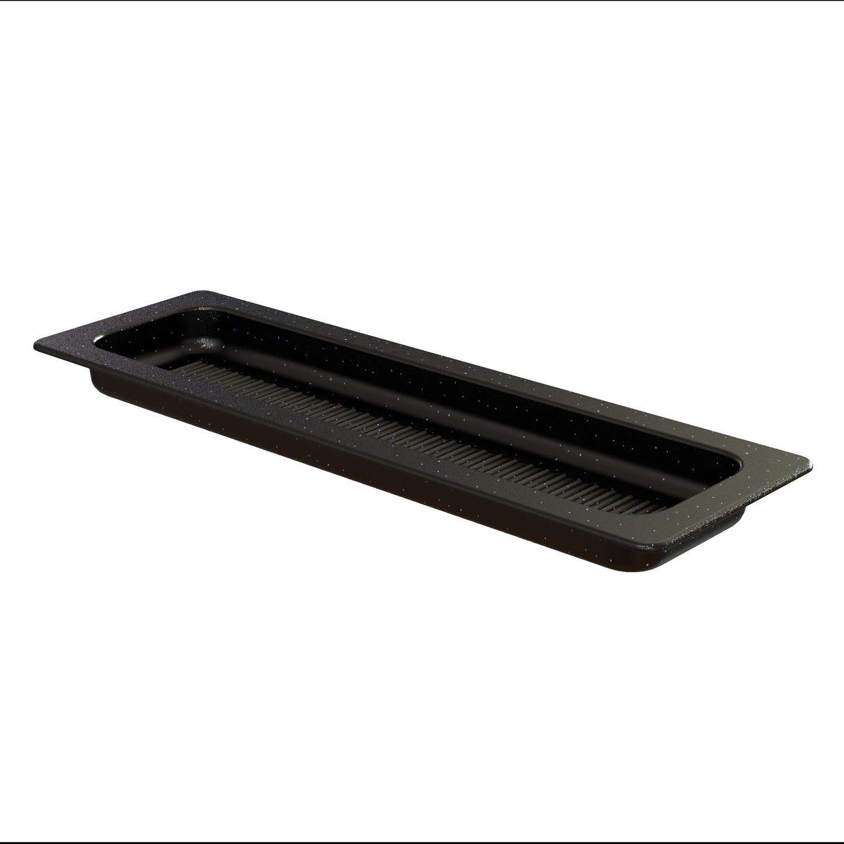A black, rectangular perforated tray with rounded corners and a shallow depth. This dishwasher safe grill pan has small holes for drainage and a raised edge, ideal for food prep or serving. Part of the Aurora Collection Grill Pan series.