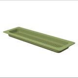 A long, rectangular, olive green Aurora Collection Grill Pan tray with a slightly raised edge and a ribbed pattern on the base, viewed from a high angle on a white background. Dishwasher safe for easy cleaning.