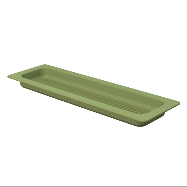 A long, rectangular, olive green Aurora Collection Grill Pan tray with a slightly raised edge and a ribbed pattern on the base, viewed from a high angle on a white background. Dishwasher safe for easy cleaning.