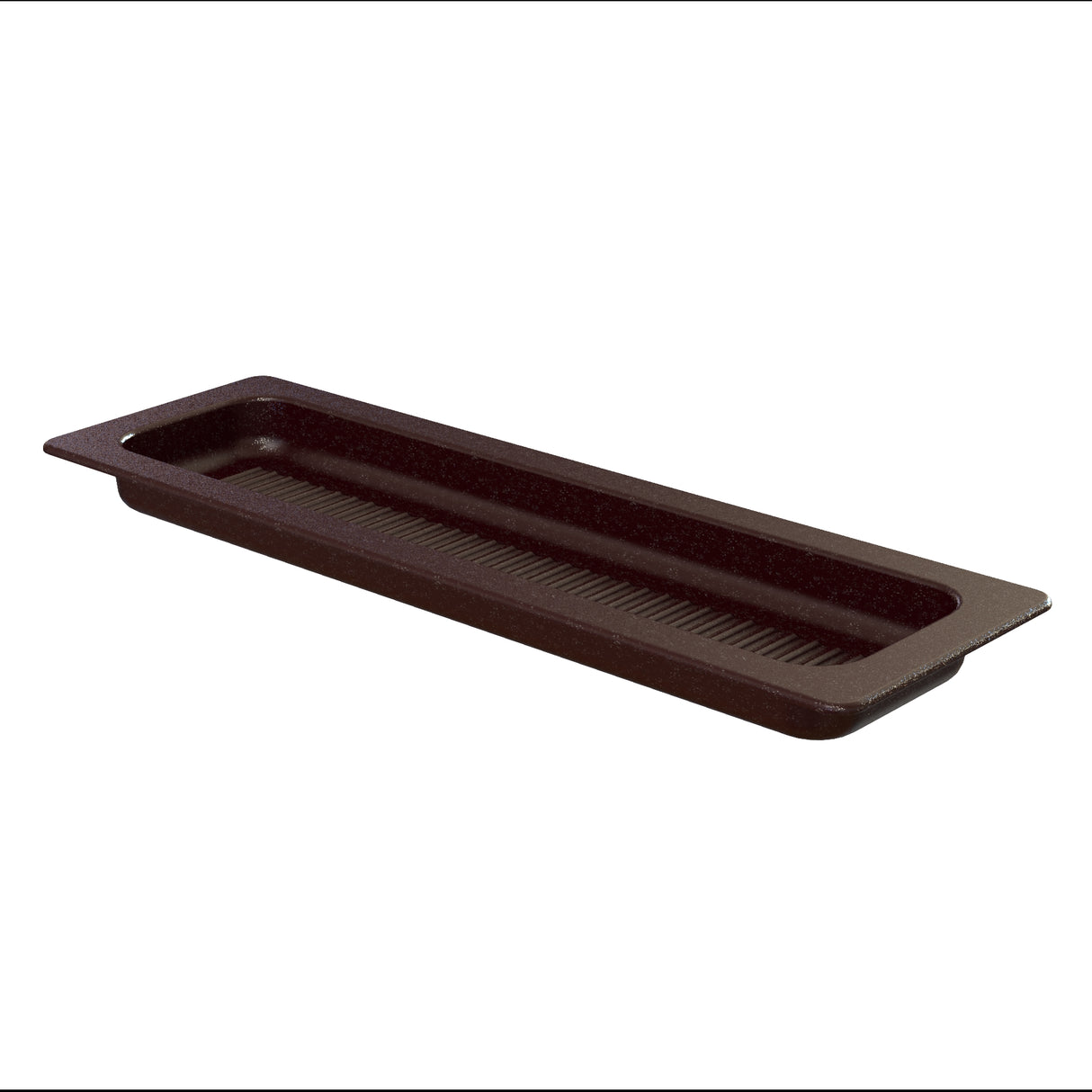 A dark brown, rectangular plastic food pan with a ribbed base and rounded corners. Similar in function to the Aurora Collection Grill Pan, this shallow pan features outward-flaring edges and a smooth finish, designed for commercial food service or buffet use.