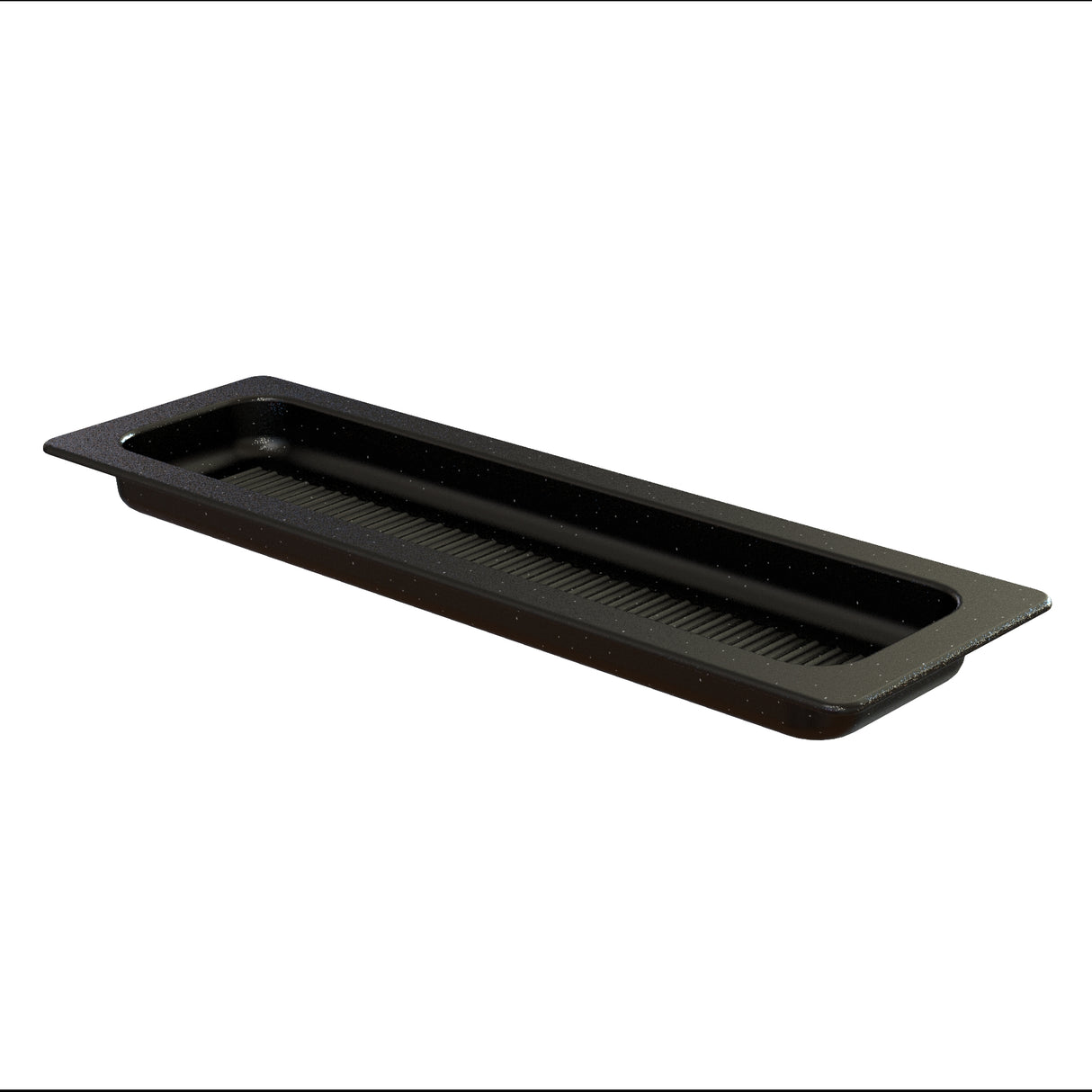 A black, rectangular plastic tray with a shallow depth and raised edges, featuring a textured bottom and a wide rim. Dishwasher safe, this tray is ideal for serving or organizing items and is photographed against a white background.