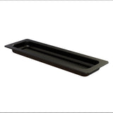 A black, rectangular plastic tray with a shallow depth and raised edges, featuring a textured bottom and a wide rim. Dishwasher safe, this tray is ideal for serving or organizing items and is photographed against a white background.