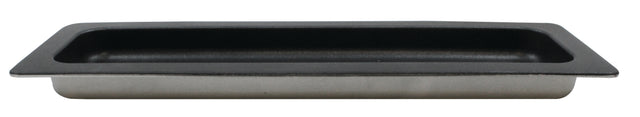 A shallow, rectangular cast aluminum pan with straight sides and rounded corners, viewed from the side. The pan has a wide rim and a smooth, flat base, commonly used in commercial kitchens for food preparation or serving.