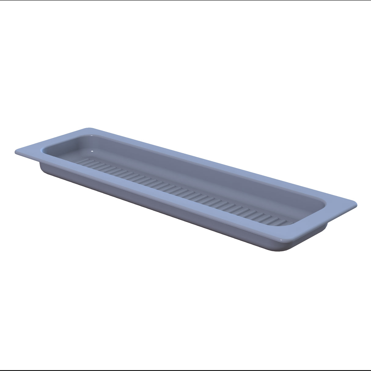 A rectangular, light gray plastic tray with rounded edges, a flat rim, and shallow depth. The interior bottom surface has parallel ridges running lengthwise, similar to a Grill Pan. This tray is dishwasher safe for easy cleaning.