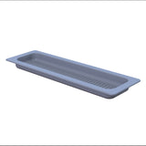 A rectangular, light gray plastic tray with rounded edges, a flat rim, and shallow depth. The interior bottom surface has parallel ridges running lengthwise, similar to a Grill Pan. This tray is dishwasher safe for easy cleaning.