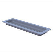 A rectangular, light gray plastic tray with rounded edges, a flat rim, and shallow depth. The interior bottom surface has parallel ridges running lengthwise, similar to a Grill Pan. This tray is dishwasher safe for easy cleaning.
